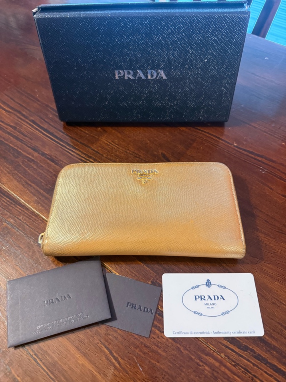 Prada Saffiano Platino Gold Zip-Around Wallet - Picture 1 of 10